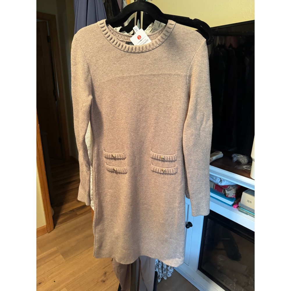 Merokeety Womens Tan Beige Long Sleeve Knit Sweater Dress Gold Button Detail S